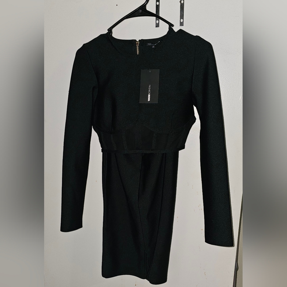 Fashion Nova Black Corset Two-Piece Set Long Sleeve Crop Top + Midi Skirt Size L